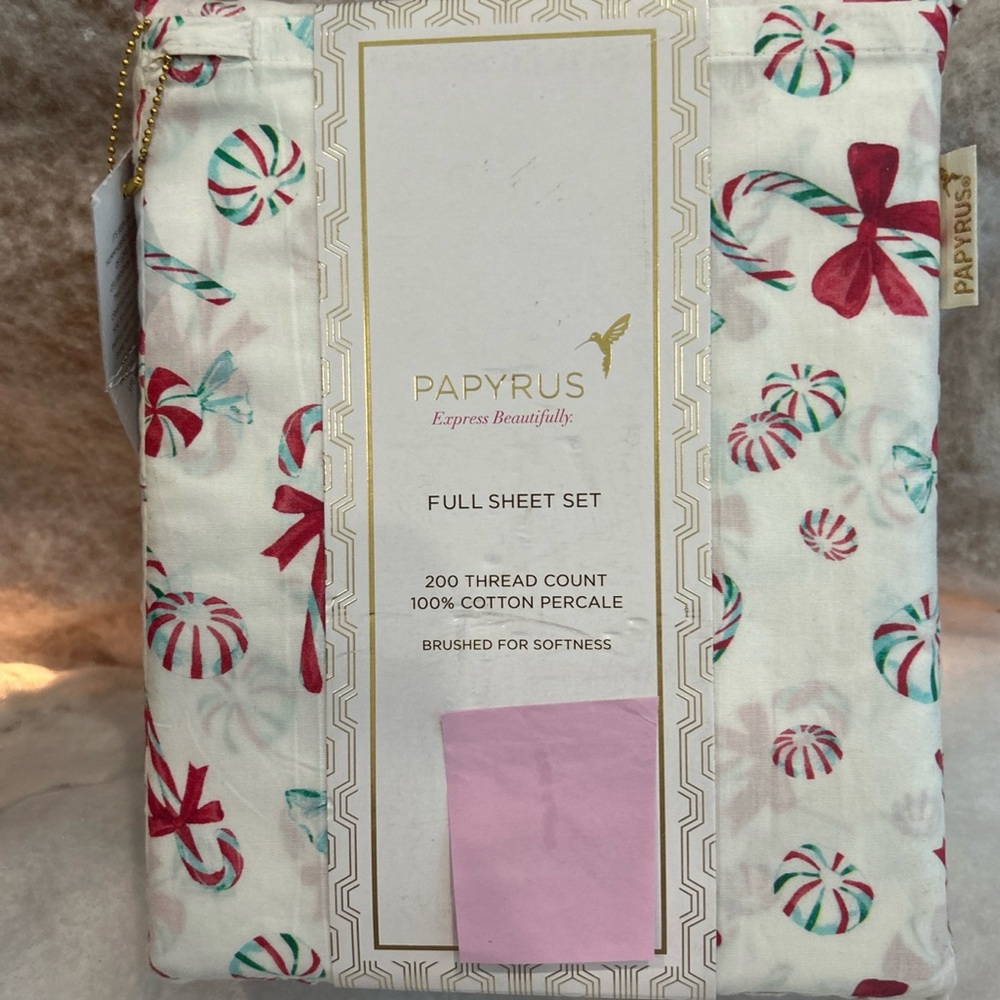 PAPYRUS Christmas Candy Cane FULL Sheet Set 100% Cotton 200 Thread Percale New